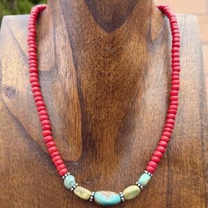 Sterling Silver Red Coral Turquoise Nuggets Bead Necklace 18 inch